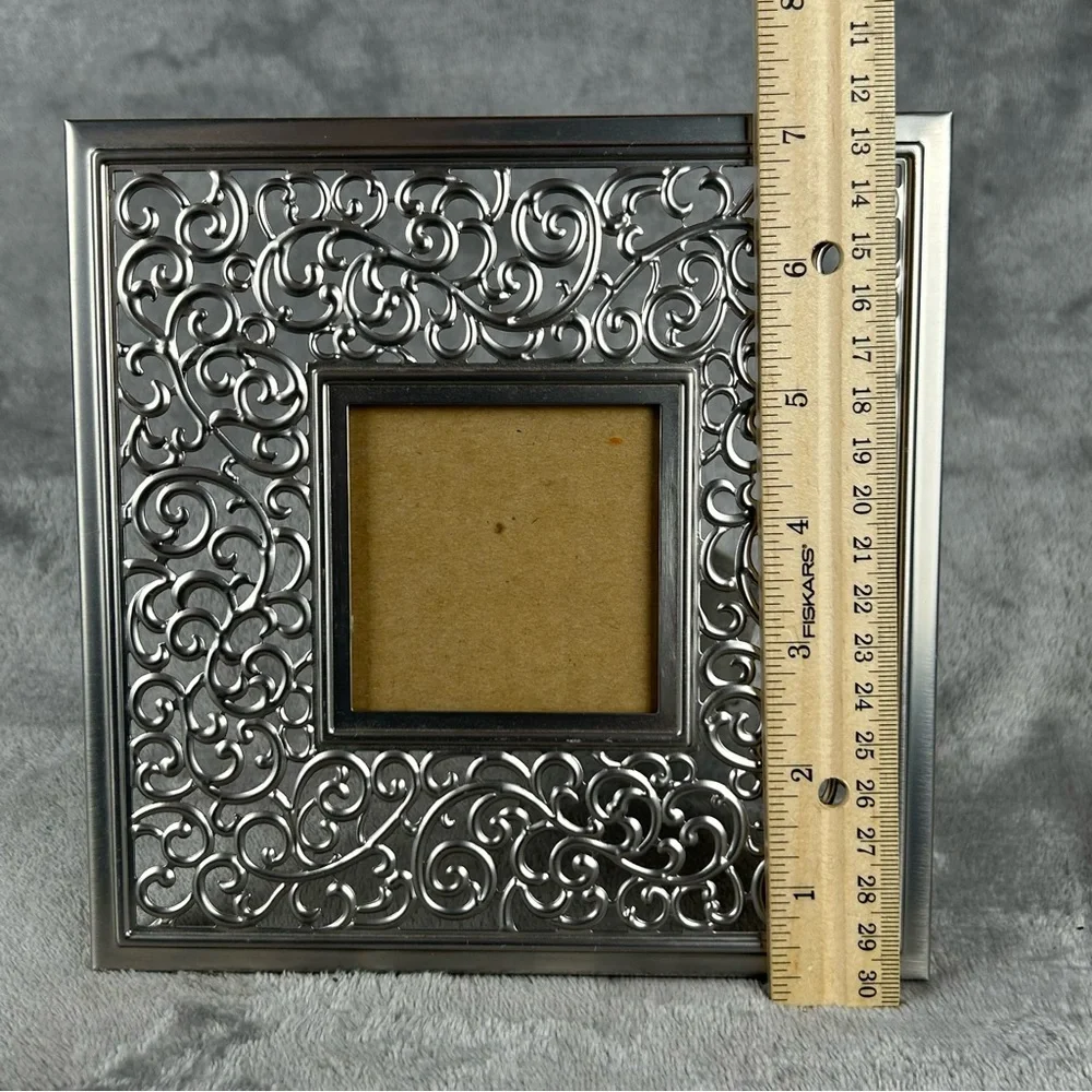 Square Metal Picture Frame Silver Tone Open Scroll Work Design ~2.5x2.5” Opening